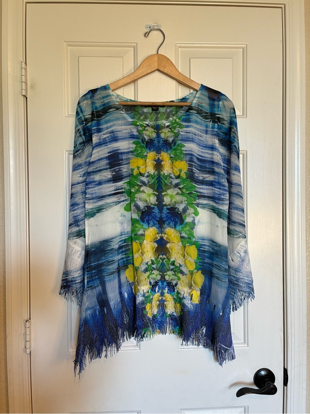 Blue Floral Fringe Tunic Top with Yellow Accent